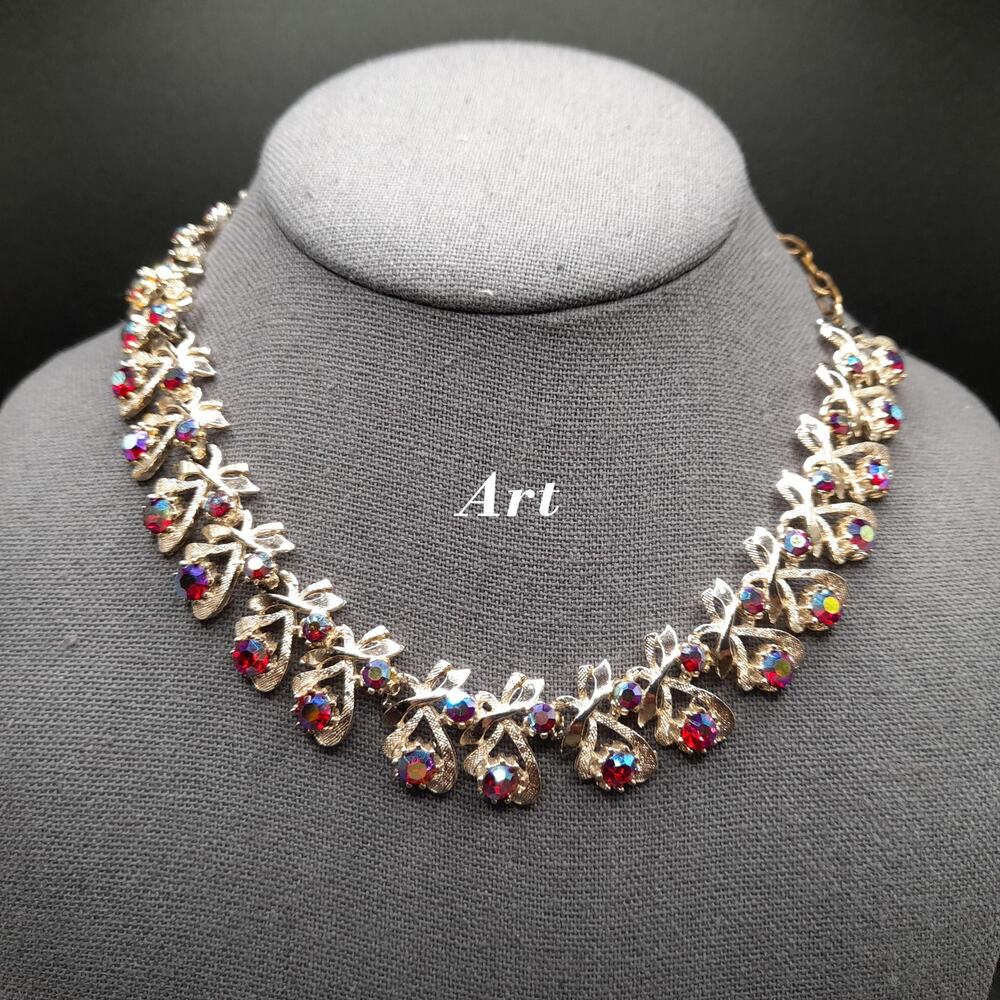 Vintage ART Red AB Rhinestone Choker Gold Tone Necklace 1950s